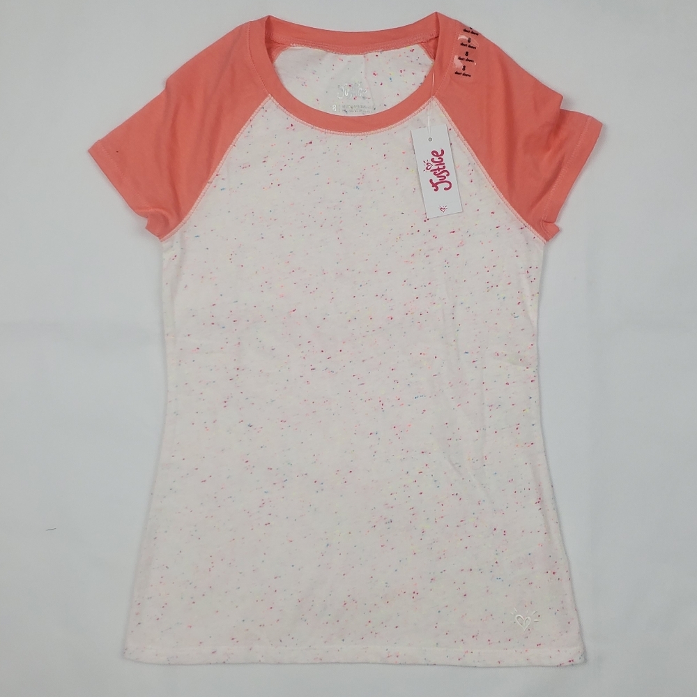 Justice Girl's Short Sleeve Tee Coral/Cream with Colorful Dots Size 8 NWT